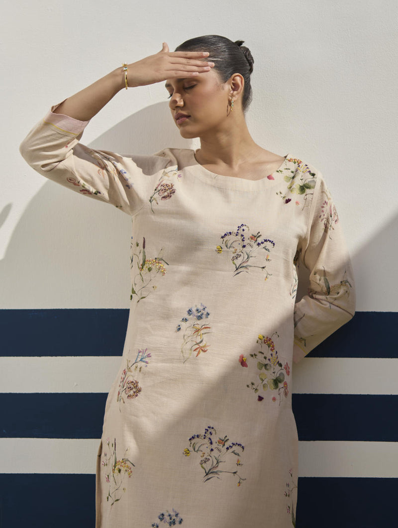 Kera Floral Hand-Embroidered Kurta - Sand linen by Manan in natural color for women in Singapore