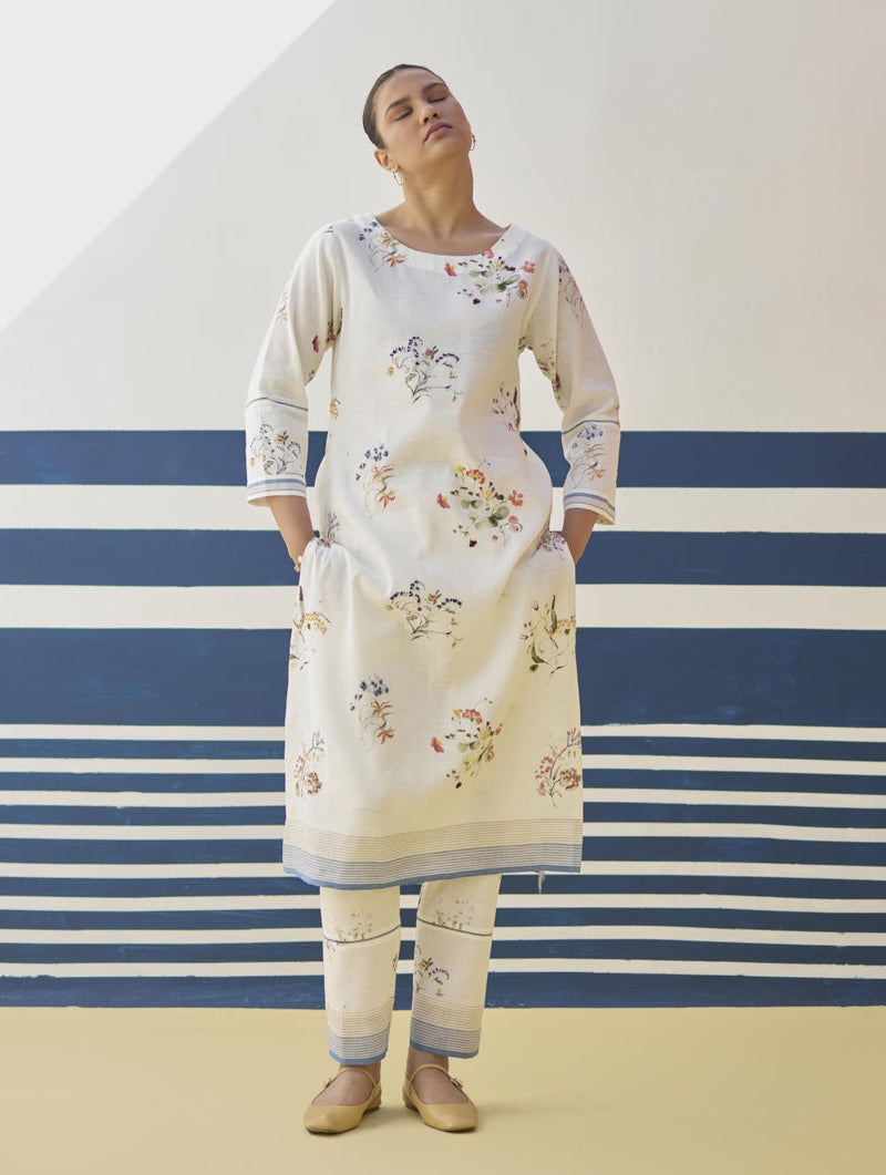 Kera Floral Embroidered Kurta Set
 - Ivory linen by Manan in ivory color for women in Singapore