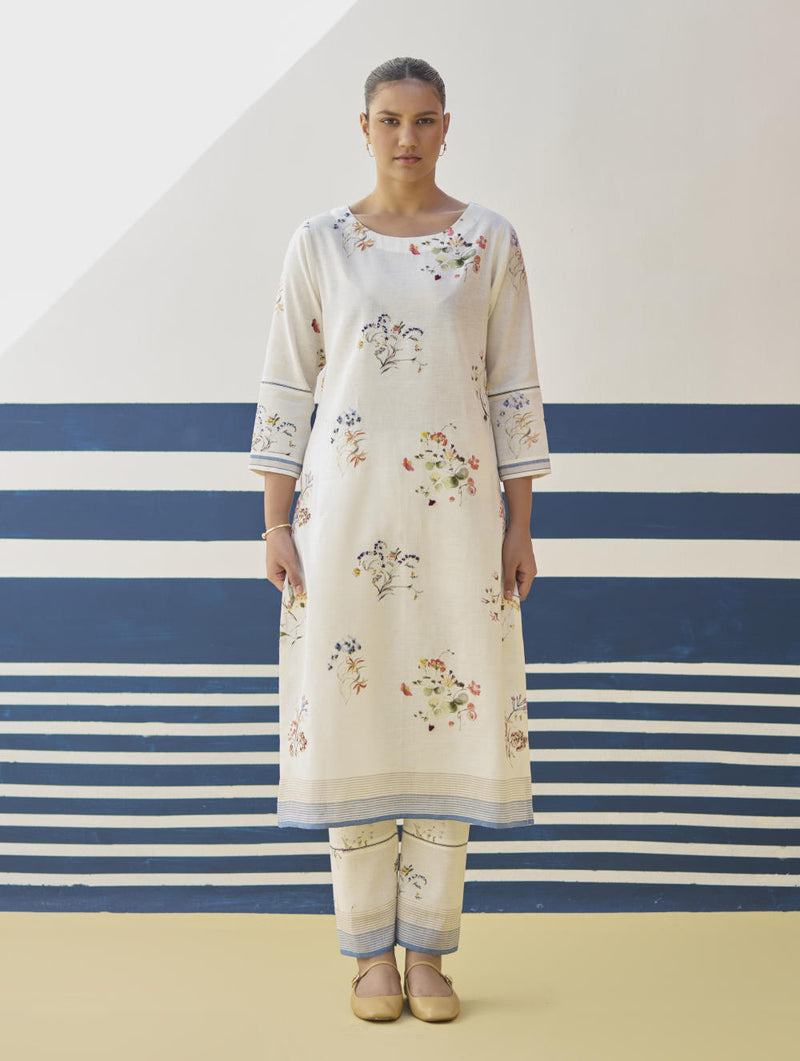 Kera Floral Hand-Embroidered Kurta - Ivory linen by Manan in ivory color for women in Singapore
