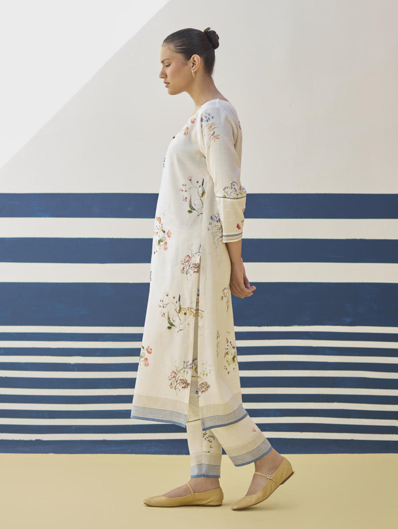 Kera Floral Hand-Embroidered Kurta - Ivory linen by Manan in ivory color for women in Singapore