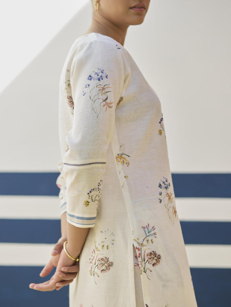 Kera Floral Hand-Embroidered Kurta - Ivory linen by Manan in ivory color for women in Singapore