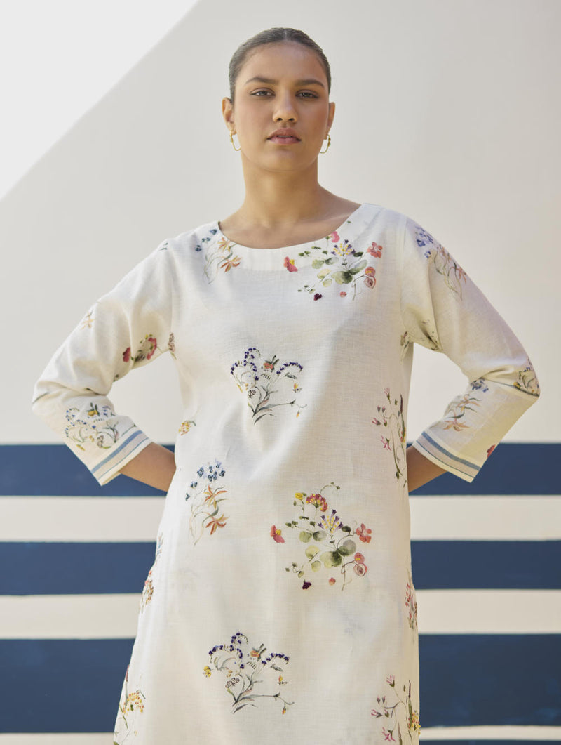Kera Floral Embroidered Kurta Set
 - Ivory linen by Manan in ivory color for women in Singapore