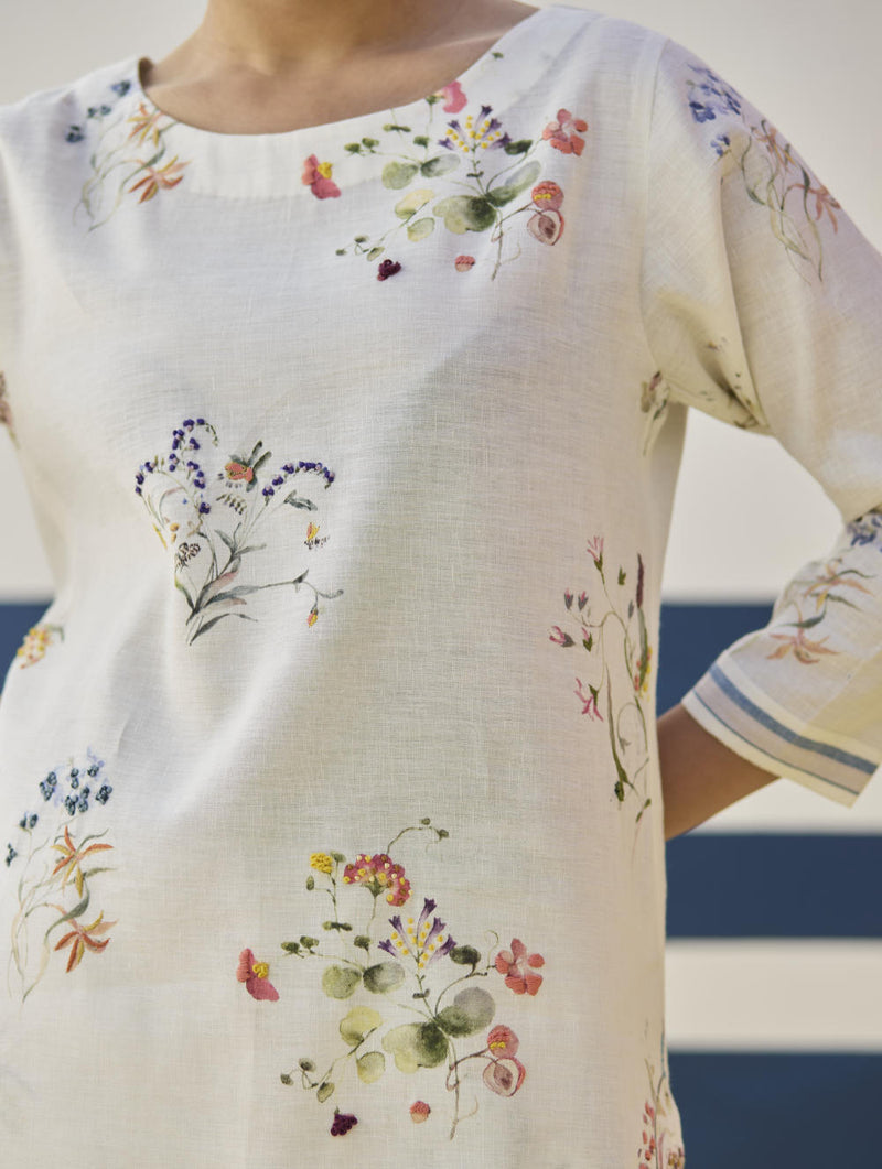 Kera Floral Embroidered Kurta Set
 - Ivory linen by Manan in ivory color for women in Singapore
