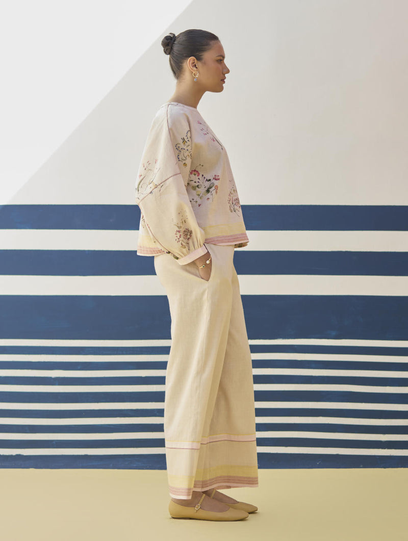 Myra Watercolor Floral Top - Sand linen by Manan in natural color for women in Singapore