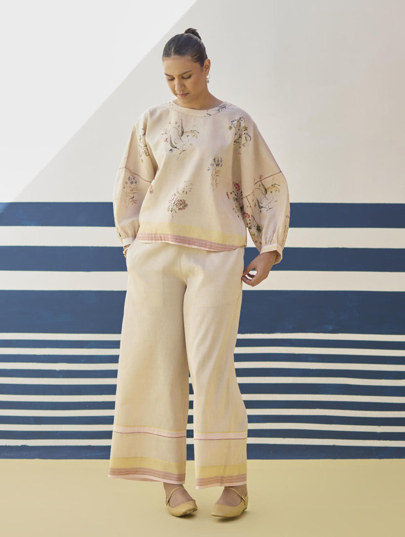 Myra Watercolor Floral Top - Sand linen by Manan in natural color for women in Singapore