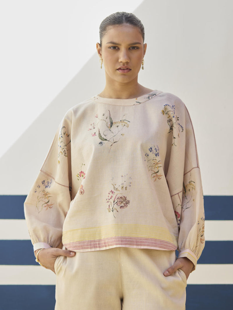 Myra Watercolor Floral Top - Sand linen by Manan in natural color for women in Singapore