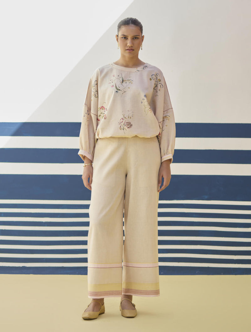 Myra Watercolor Floral Top - Sand linen by Manan in natural color for women in Singapore