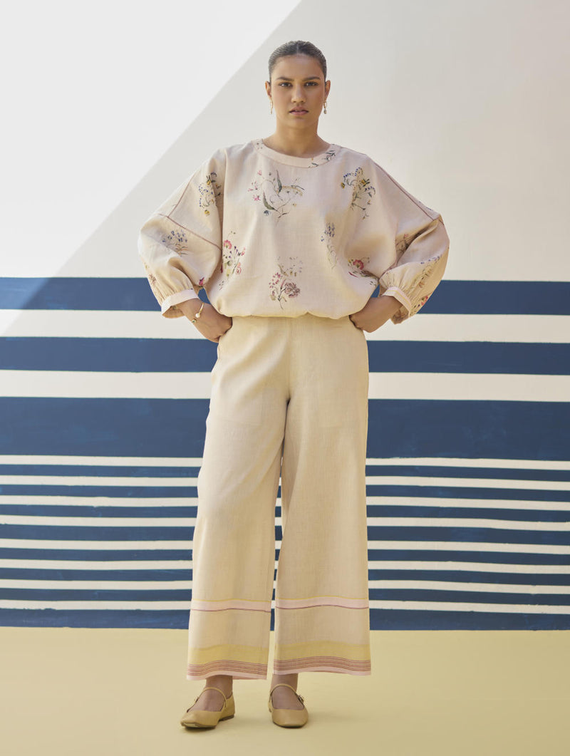 Myra Watercolor Floral Top - Sand linen by Manan in natural color for women in Singapore