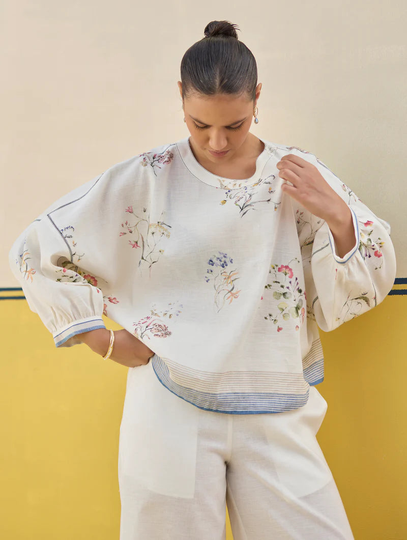 Myra Watercolor Floral Co-ord Set
- Ivory linen by Manan in ivory color for women in Singapore