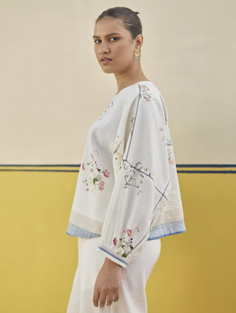 Myra Watercolor Floral Top - Ivory linen by Manan in ivory color for women in Singapore