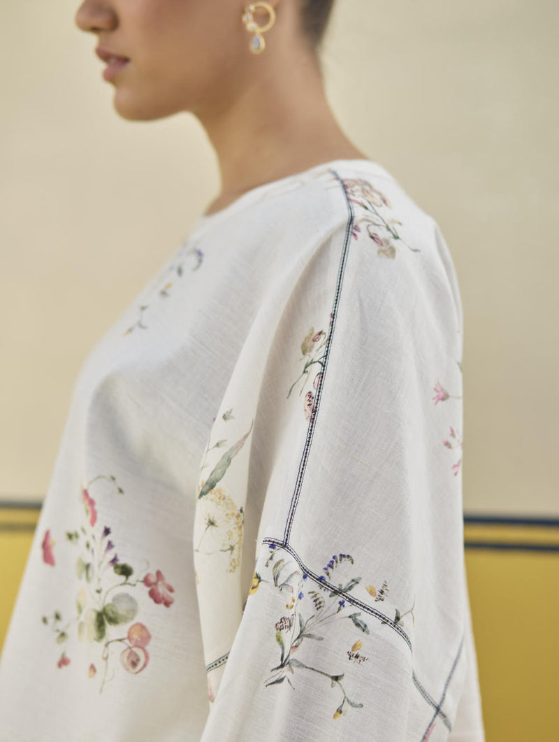 Myra Watercolor Floral Top - Ivory linen by Manan in ivory color for women in Singapore
