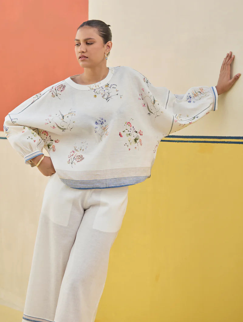 Myra Watercolor Floral Co-ord Set
- Ivory linen by Manan in ivory color for women in Singapore