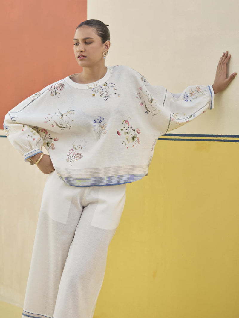 Myra Watercolor Floral Top - Ivory linen by Manan in ivory color for women in Singapore