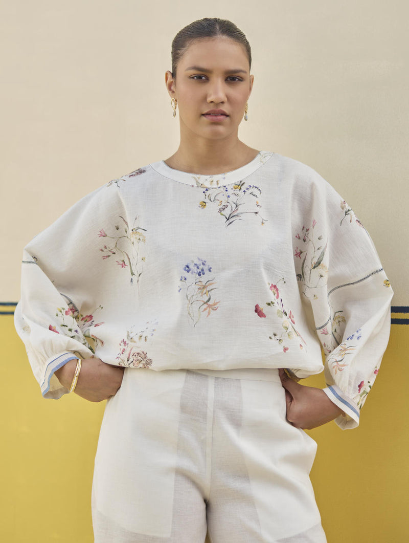 Myra Watercolor Floral Top - Ivory linen by Manan in ivory color for women in Singapore