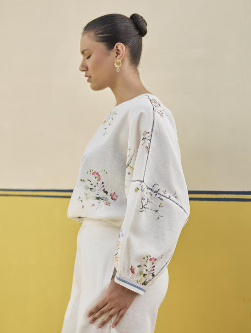 Myra Watercolor Floral Top - Ivory linen by Manan in ivory color for women in Singapore