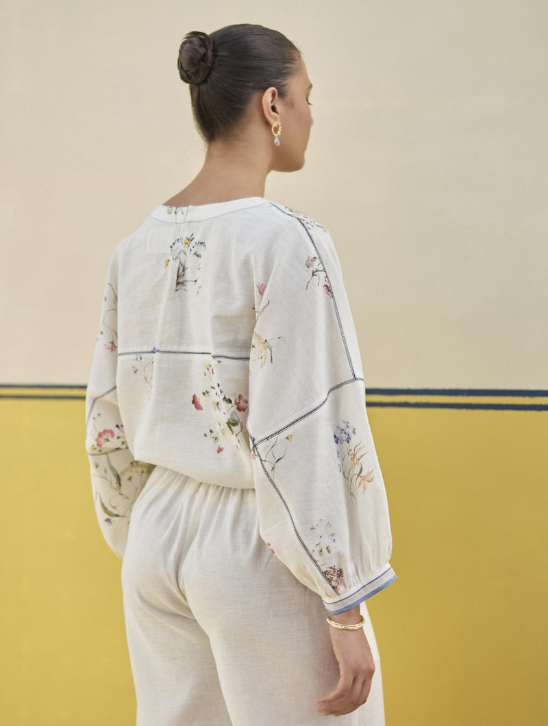 Myra Watercolor Floral Top - Ivory linen by Manan in ivory color for women in Singapore
