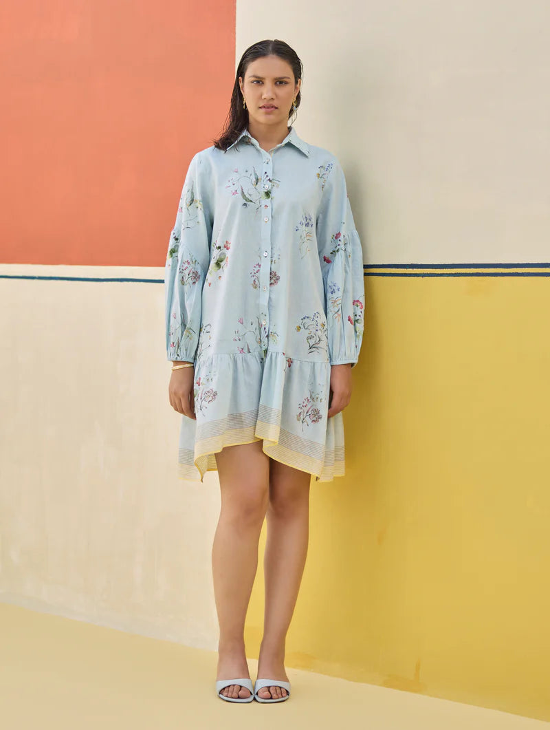 Alara Floral Shirt Dress - Sky linen by Manan in blue color for women in Singapore