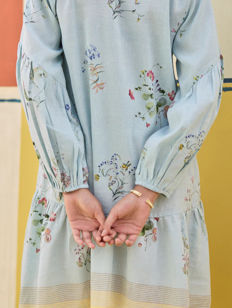 Alara Floral Shirt Dress - Sky linen by Manan in blue color for women in Singapore