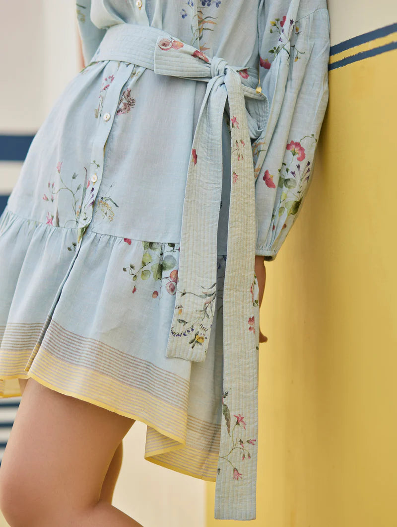 Alara Floral Shirt Dress - Sky linen by Manan in blue color for women in Singapore