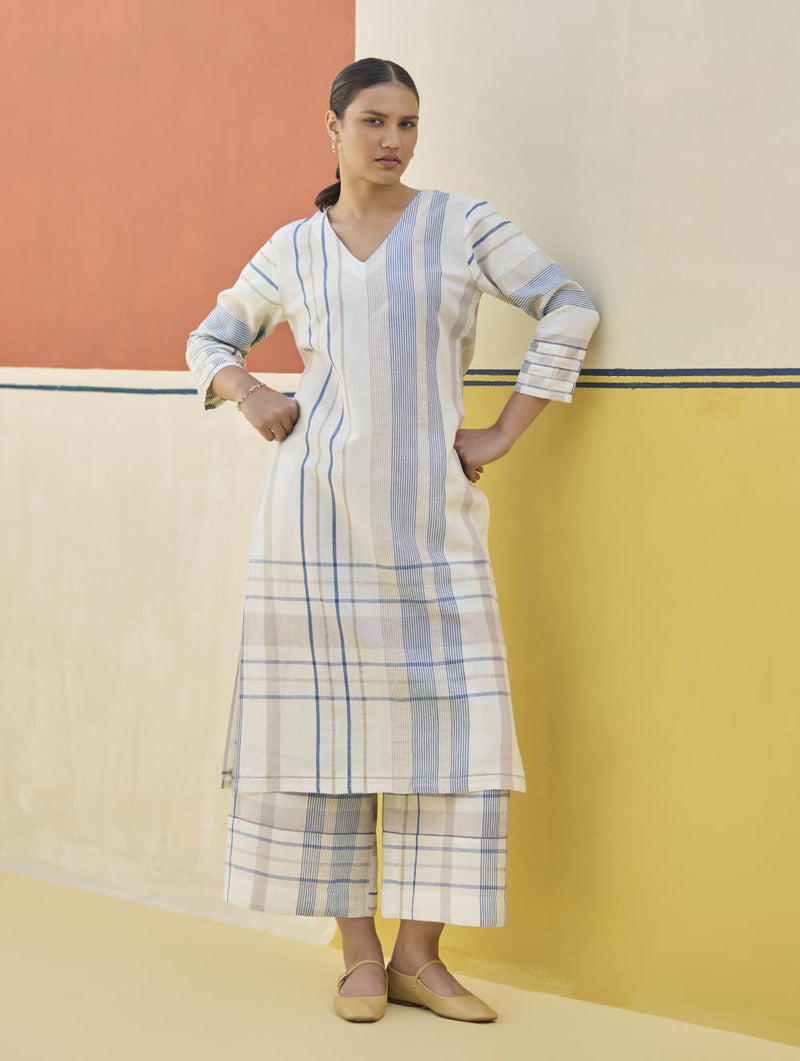 Misa Check Linen Kurta - Ivory linen by Manan in ivory color for women in Singapore