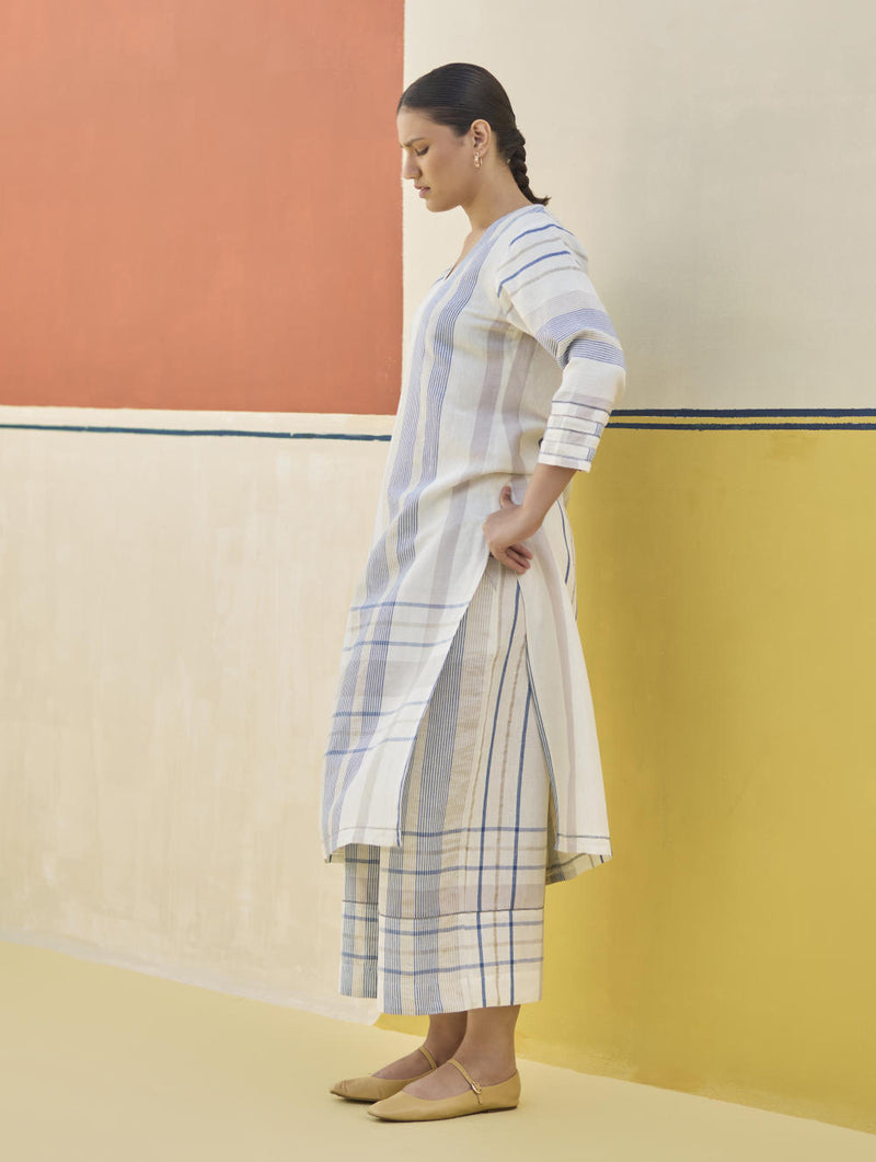 Misa Check Linen Kurta - Ivory linen by Manan in ivory color for women in Singapore