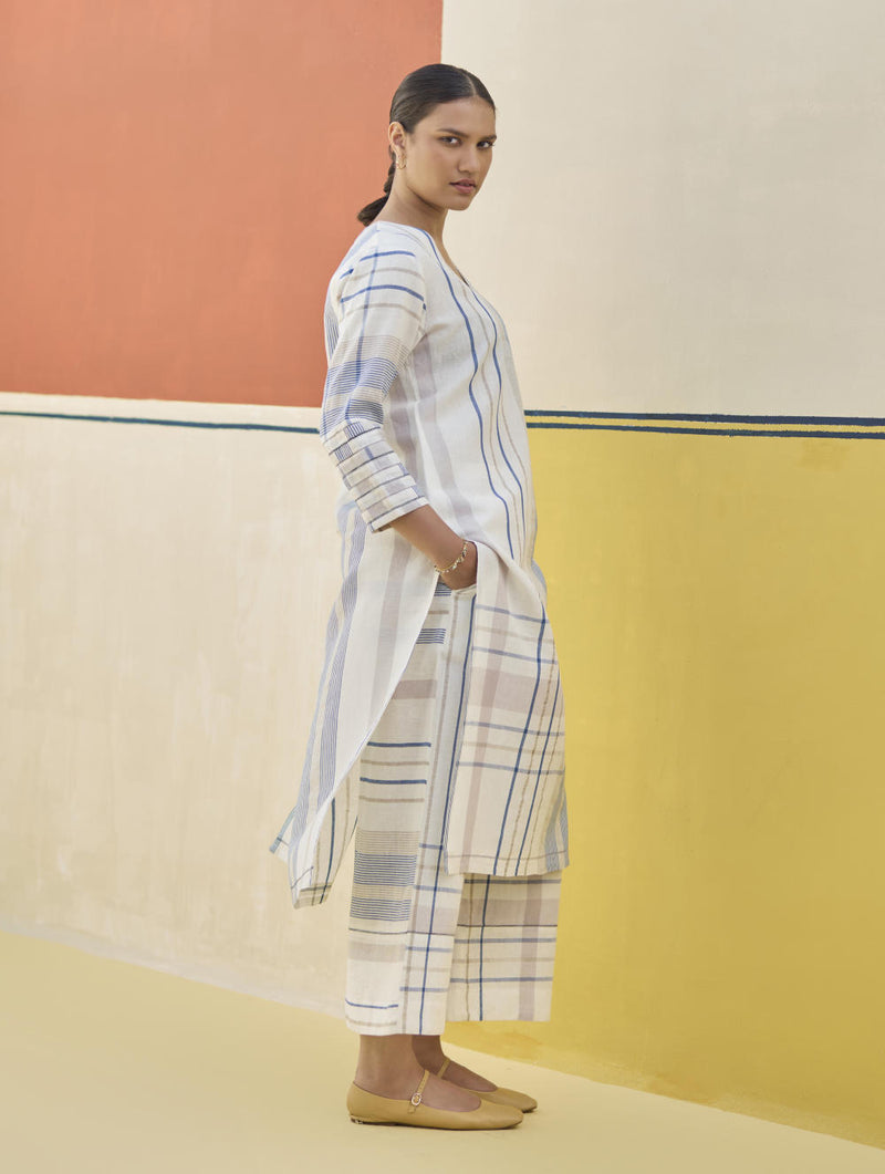 Misa Check Linen Kurta - Ivory linen by Manan in ivory color for women in Singapore