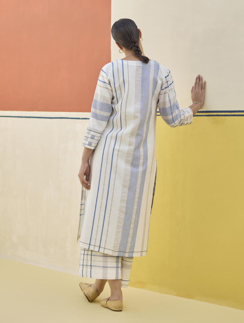 Misa Check Linen Kurta - Ivory linen by Manan in ivory color for women in Singapore
