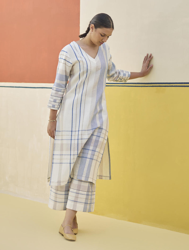 Misa Check Linen Kurta - Ivory linen by Manan in ivory color for women in Singapore