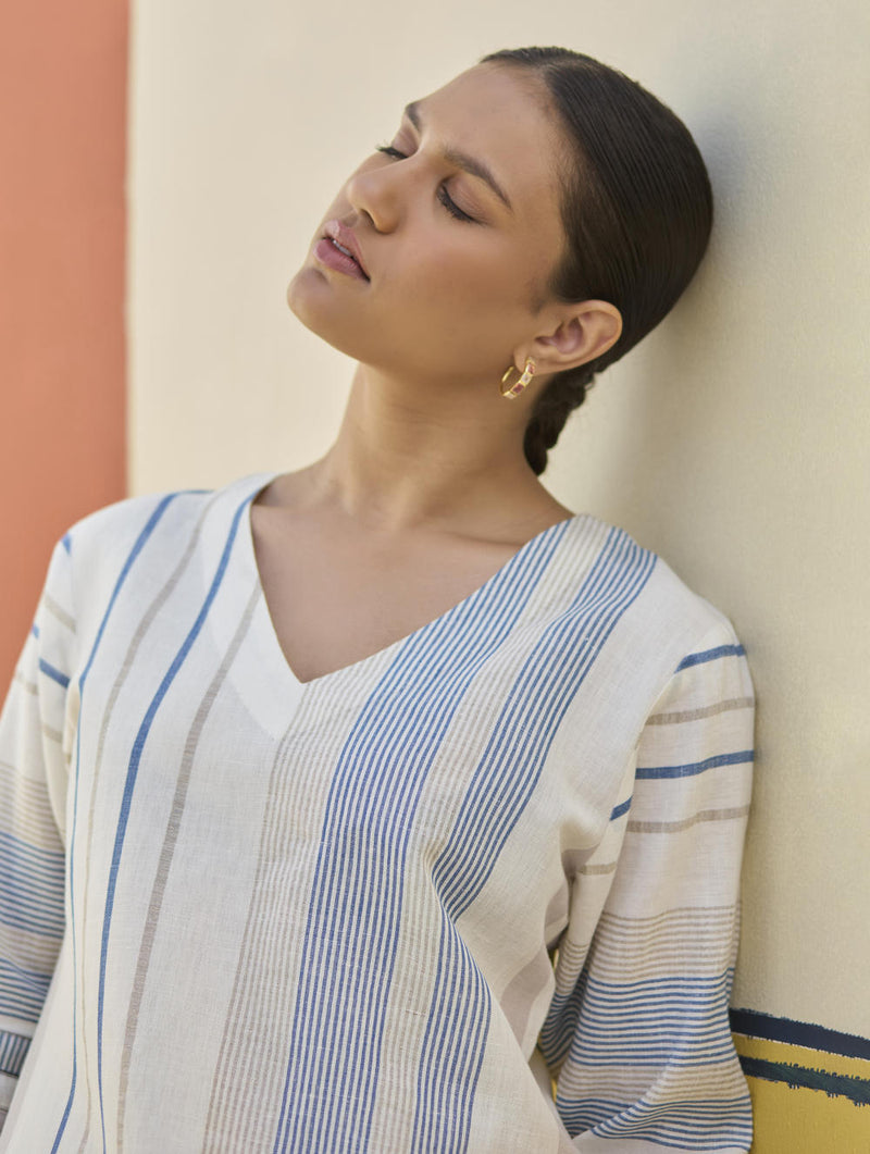 Misa Check Linen Kurta - Ivory linen by Manan in ivory color for women in Singapore
