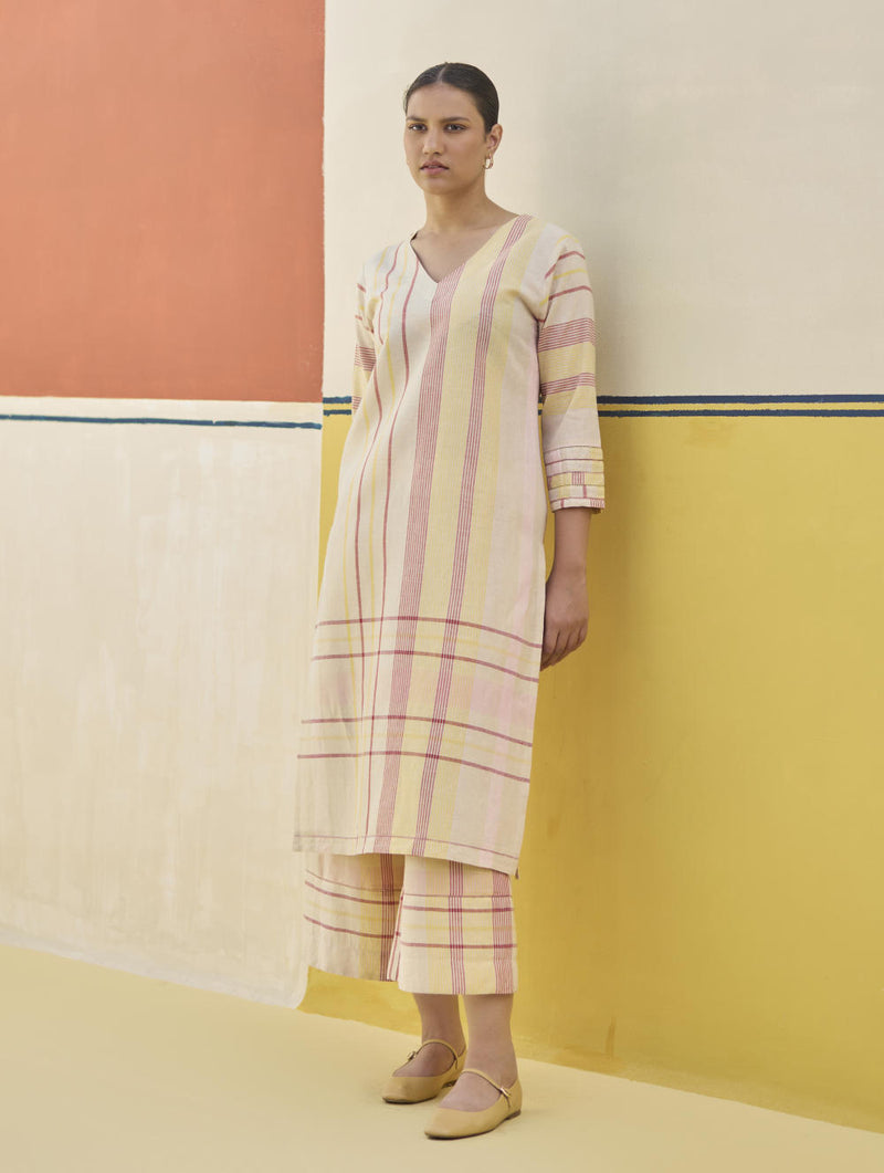 Misa Check Linen Kurta - Sand linen by Manan in natural color for women in Singapore