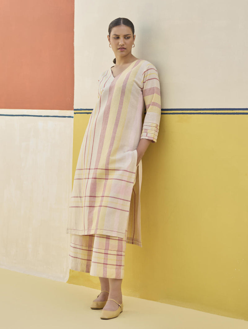 Misa Check Linen Kurta - Sand linen by Manan in natural color for women in Singapore