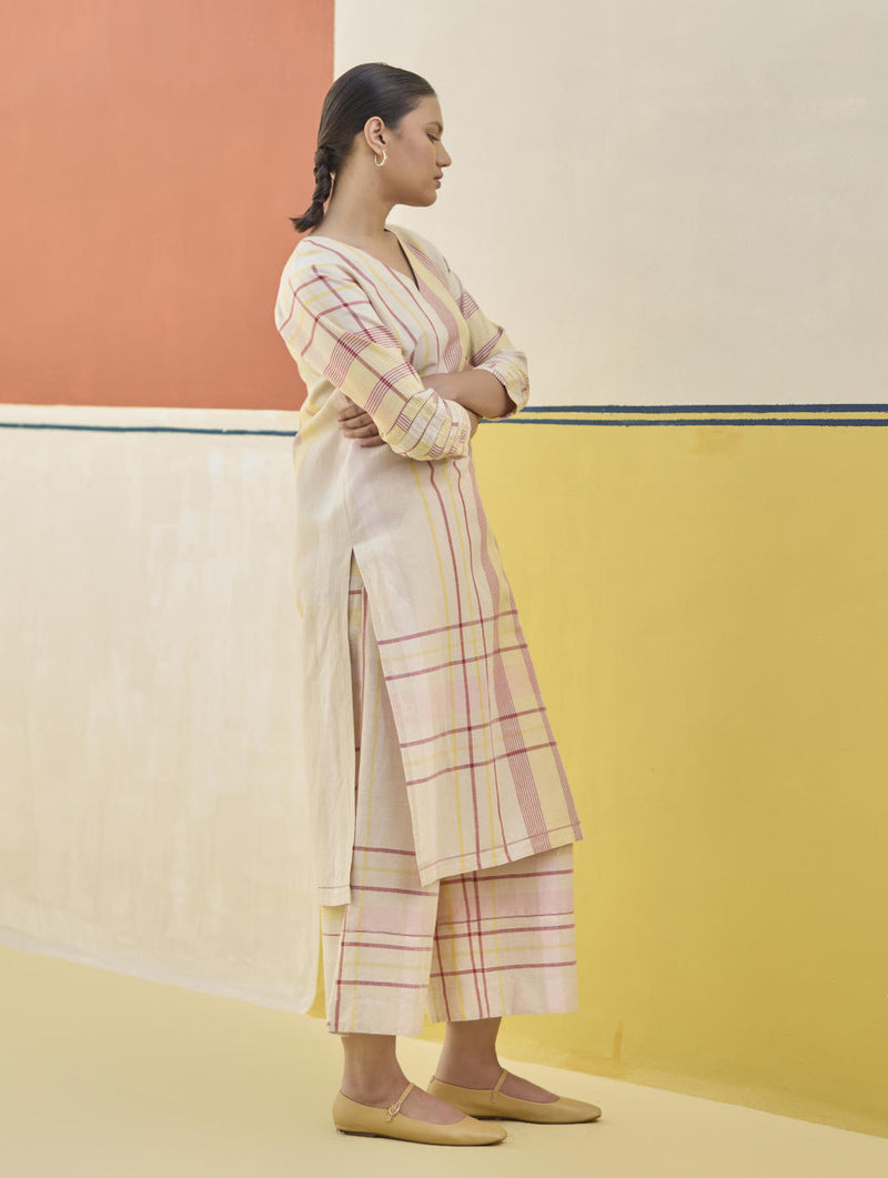 Misa Check Linen Kurta - Sand linen by Manan in natural color for women in Singapore