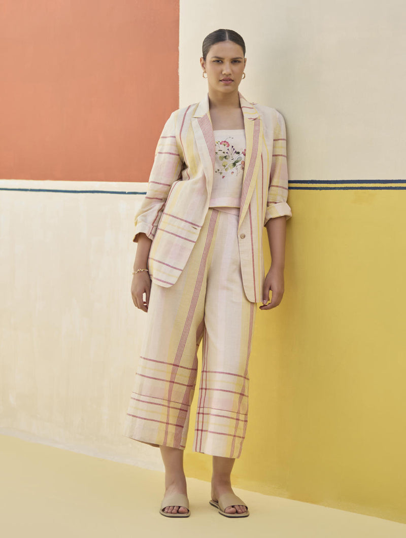 Karuna Check Linen Pant - Sand linen by Manan in natural color for women in Singapore