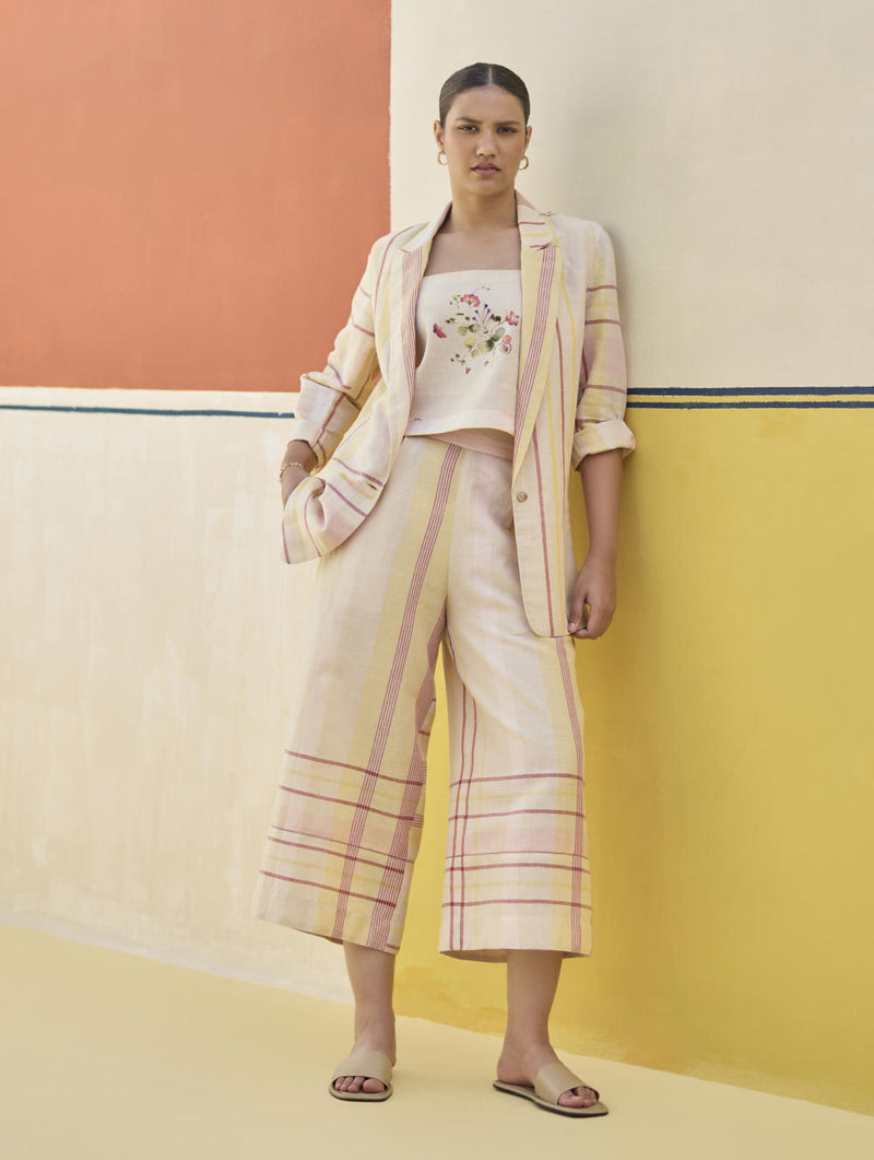 Karuna Check Linen Pant - Sand linen by Manan in natural color for women in Singapore