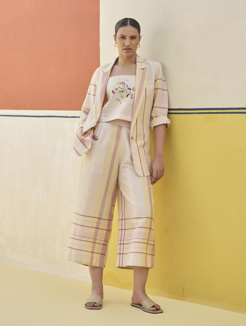 Karuna Check Linen Pant - Sand linen by Manan in natural color for women in Singapore
