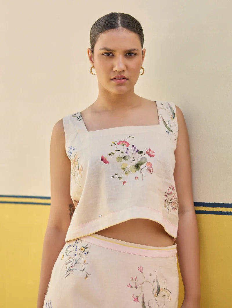 Ayaka Watercolor Floral Crop Top 
- Sand linen by Manan in natural color for women in Singapore