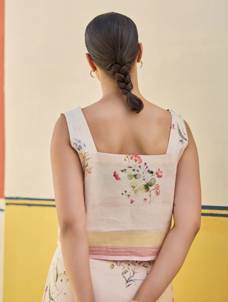Ayaka Watercolor Floral Crop Top 
- Sand linen by Manan in natural color for women in Singapore