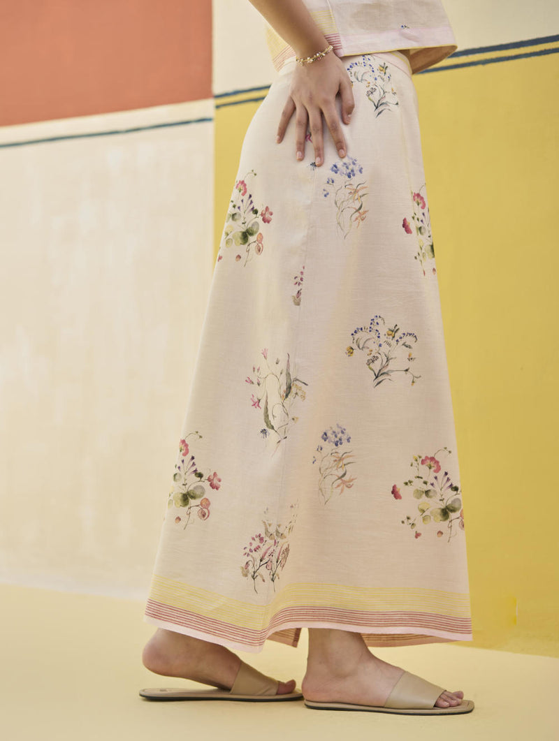 Leena Watercolour Floral Skirt - Sand linen by Manan in natural color for women in Singapore