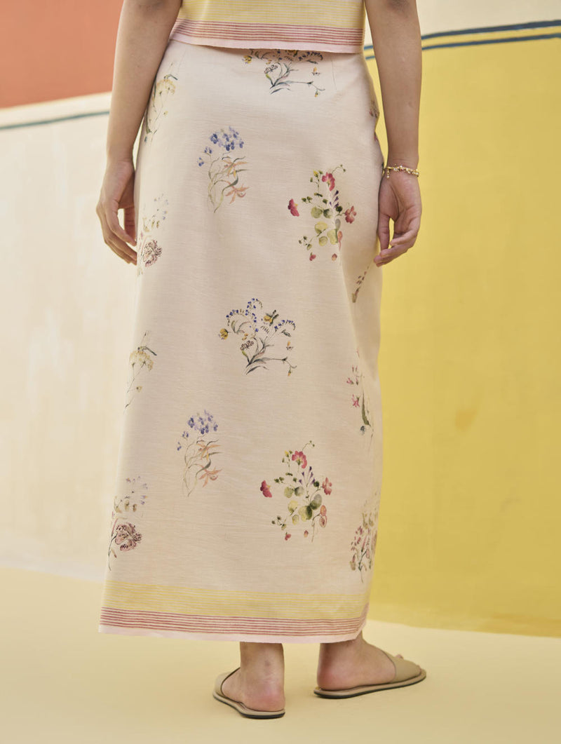 Leena Watercolour Floral Skirt - Sand linen by Manan in natural color for women in Singapore