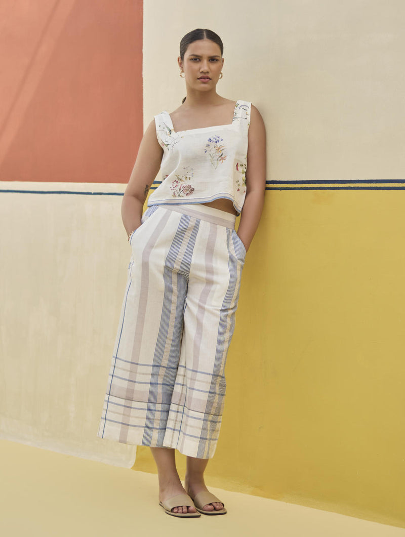 Karuna Check Linen Pant - Ivory linen by Manan in ivory color for women in Singapore