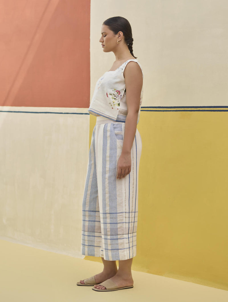 Karuna Check Linen Pant - Ivory linen by Manan in ivory color for women in Singapore