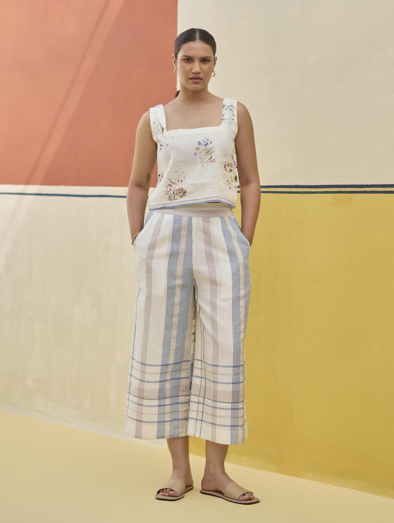 Karuna Check Linen Pant - Ivory linen by Manan in ivory color for women in Singapore