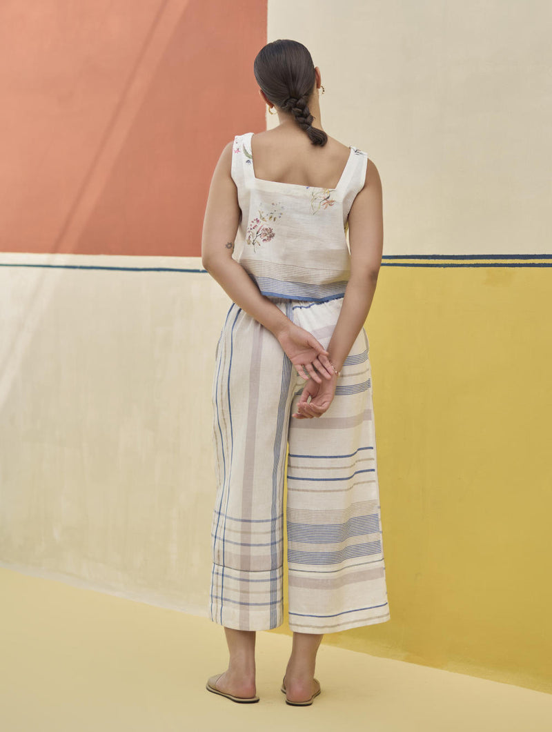 Karuna Check Linen Pant - Ivory linen by Manan in ivory color for women in Singapore