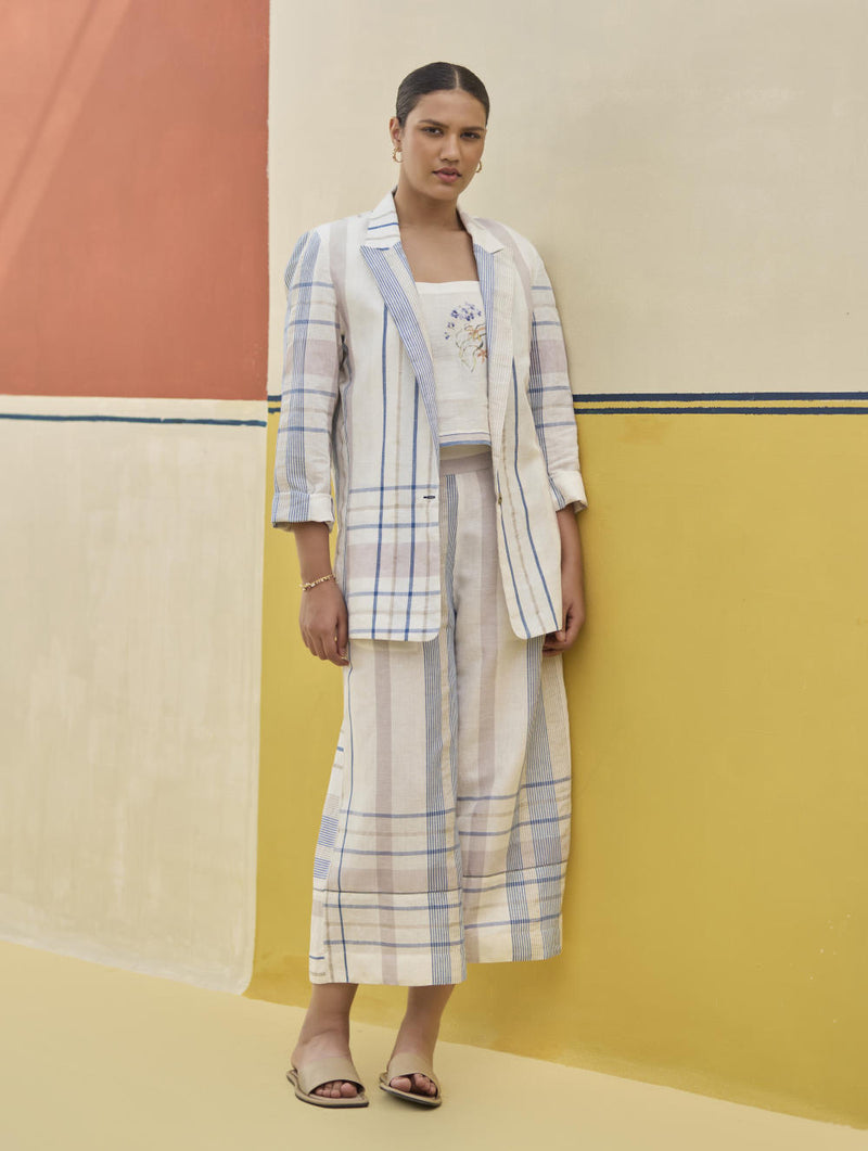 Karuna Check Linen Pant - Ivory linen by Manan in ivory color for women in Singapore