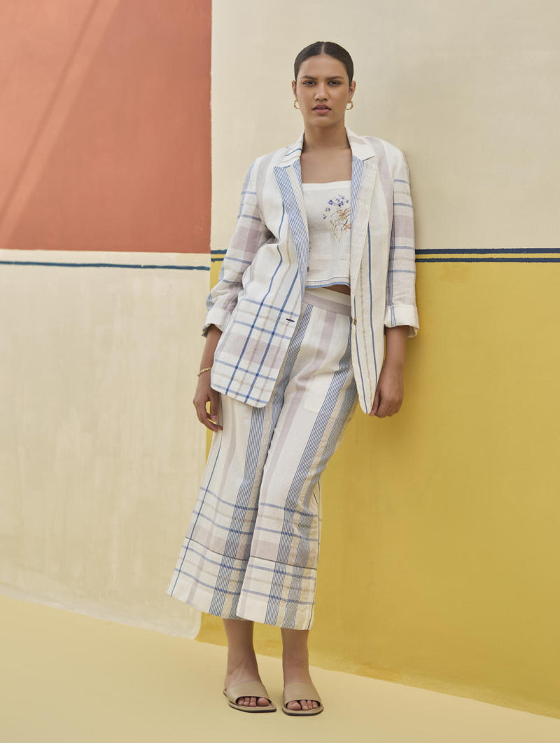Karuna Check Linen Pant - Ivory linen by Manan in ivory color for women in Singapore