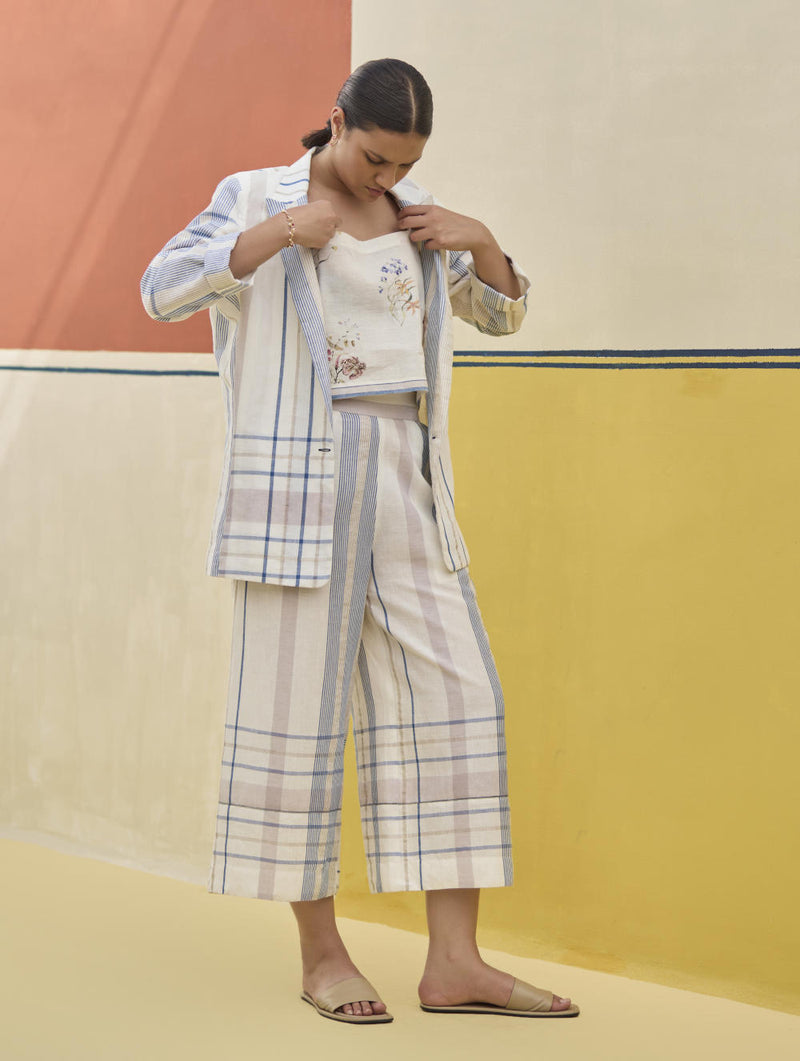Karuna Check Linen Pant - Ivory linen by Manan in ivory color for women in Singapore