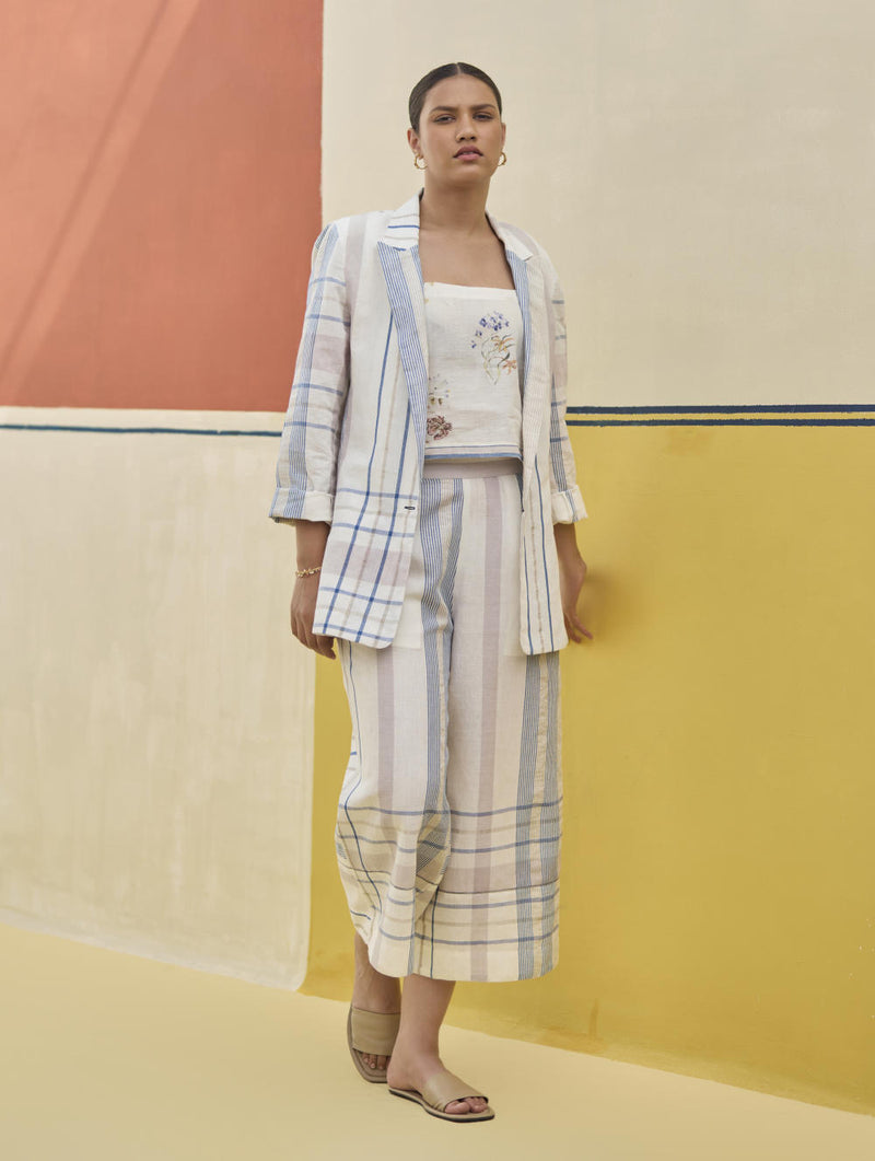 Karuna Check Linen Pant - Ivory linen by Manan in ivory color for women in Singapore