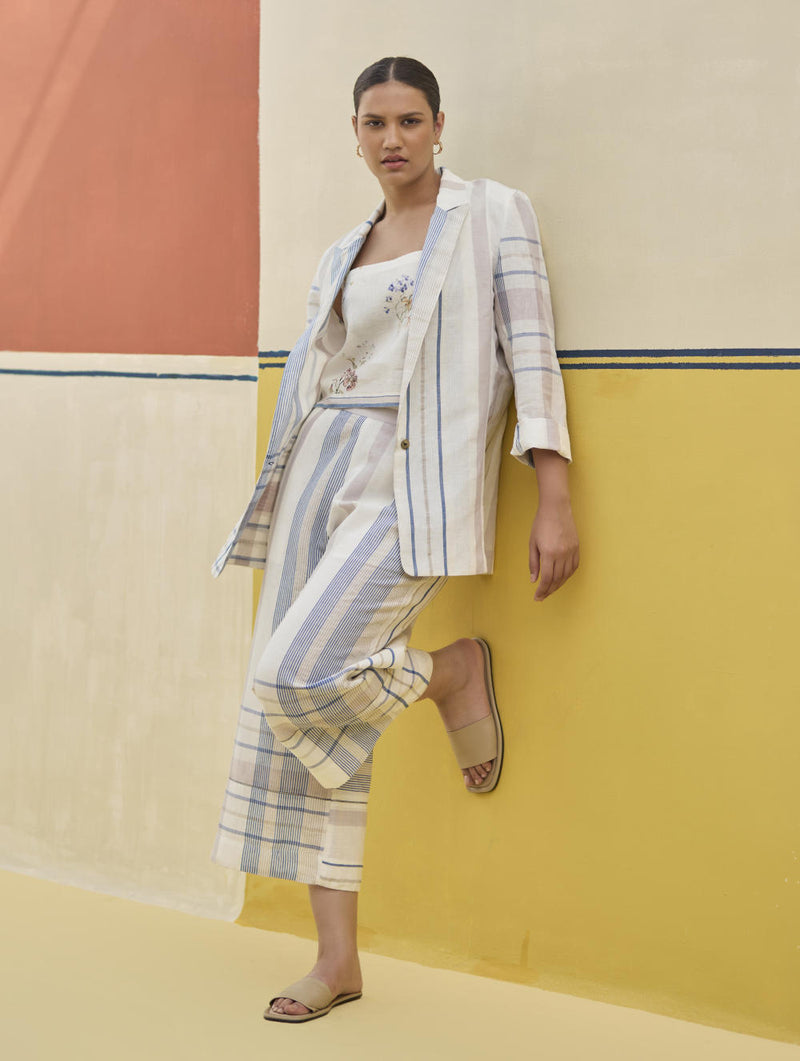Karuna Check Linen Pant - Ivory linen by Manan in ivory color for women in Singapore