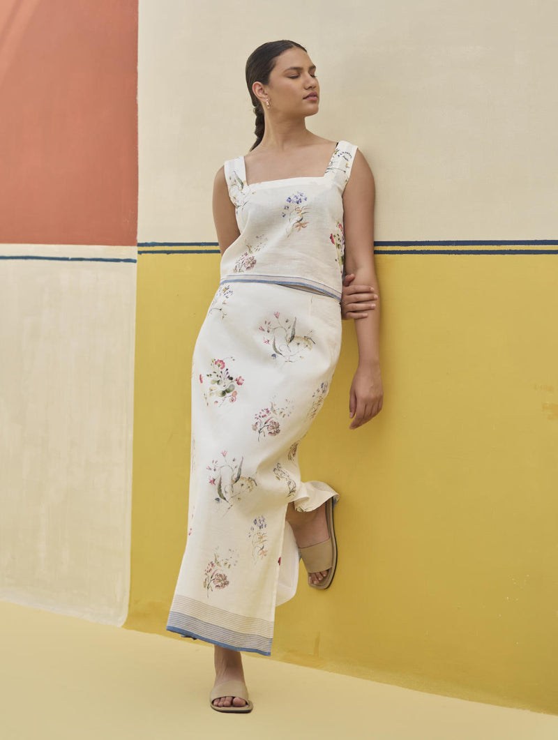 Leena Watercolour Floral Skirt - Ivory linen by Manan in ivory color for women in Singapore