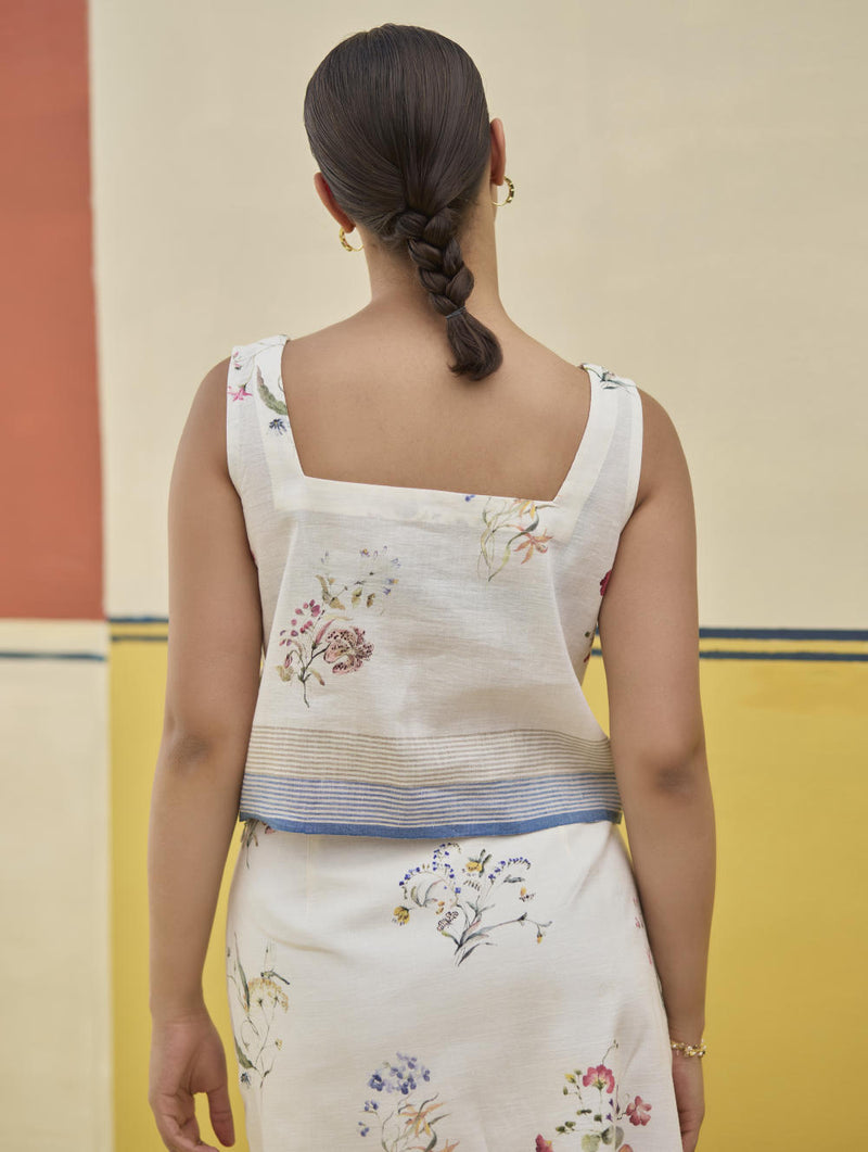 Leena Watercolour Floral Skirt - Ivory linen by Manan in ivory color for women in Singapore